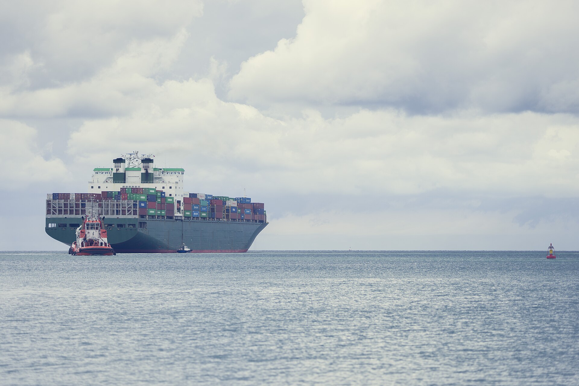 Container ship travelling at sea